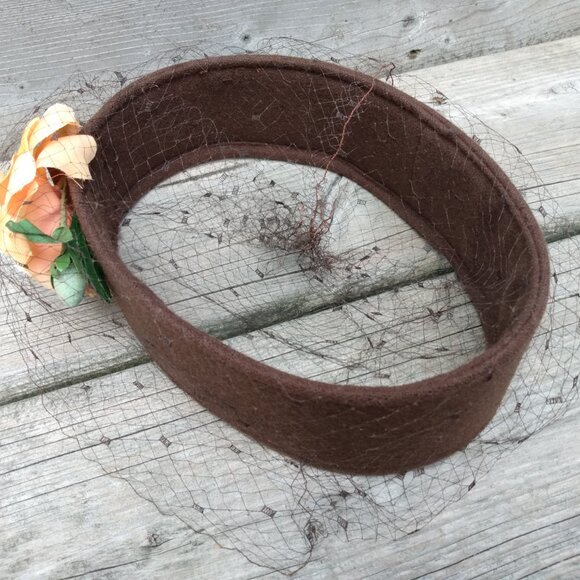 Vintage Brown Ring Hat with Netting and Orange Flower Bandeau Crown Autumn - Picture 3 of 8
